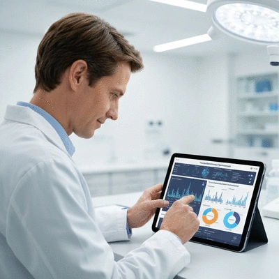 Scientist looking at complex medical data on a tablet, representing tailored chemotherapy