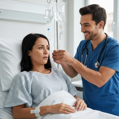 Patient receiving support from a medical professional, clean, modern hospital setting