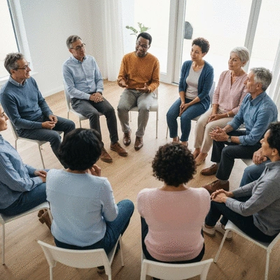Diverse group of people in a cancer support group meeting