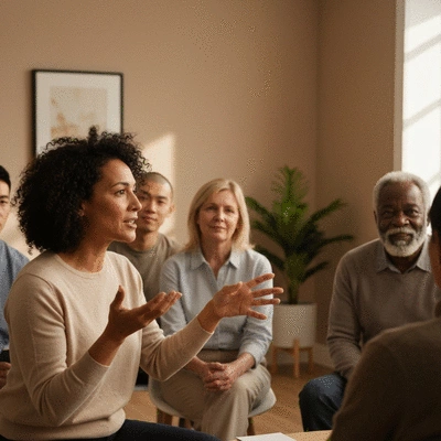 Patient engaged in a support group session, actively listening and participating