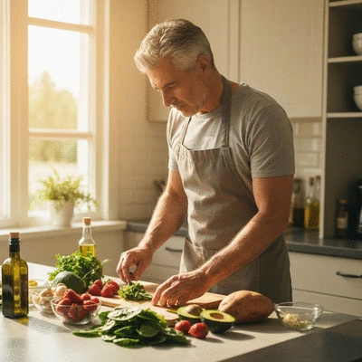 Person preparing a healthy meal with fresh ingredients, showing careful food selection for chemotherapy, no text, no words, no typography, clean image