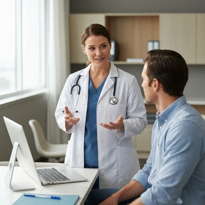 Doctor and patient discussing treatment plan in a modern clinic setting